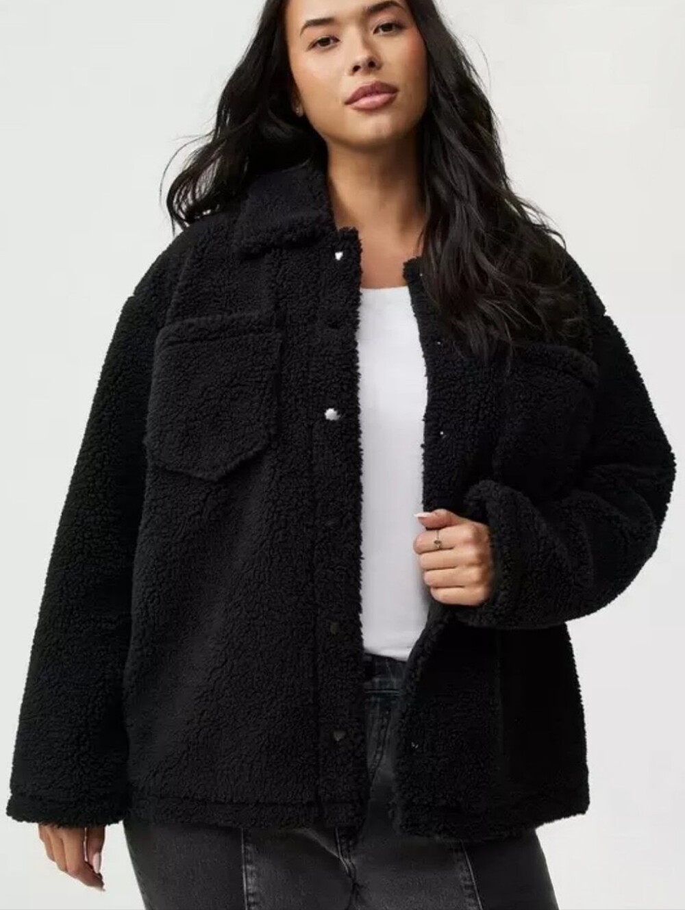 Torrid Black Snap Button Front Sherpa Shacket Chest Pockets 2X - Picture 3 of 11